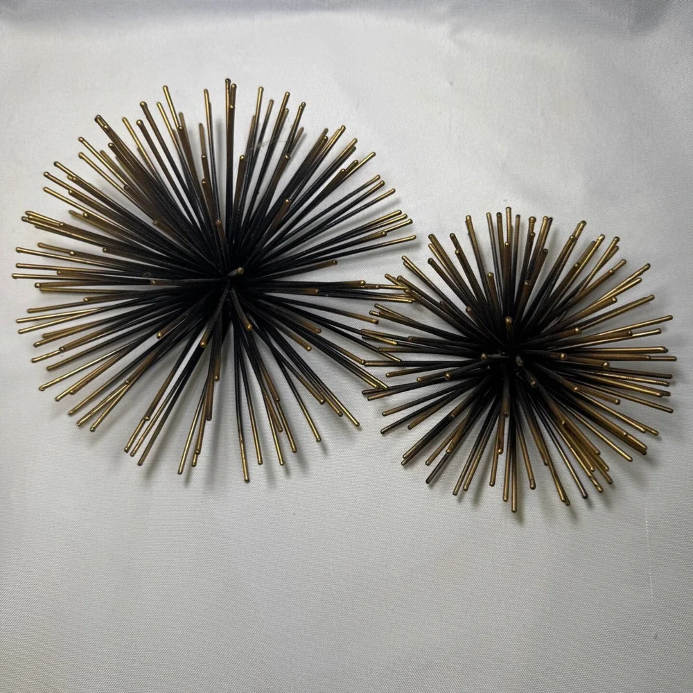 Set of 2 Metal Sea Urchin Starburst Wall Art Gold Black MCM Atomic Decor 6